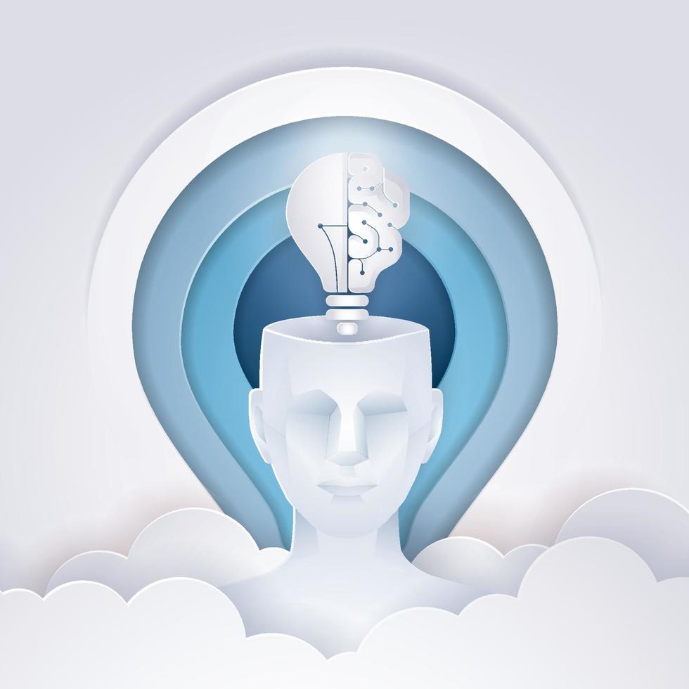 Human Head with a half of light bulb and brain, Abtract Light bulb Background vector
