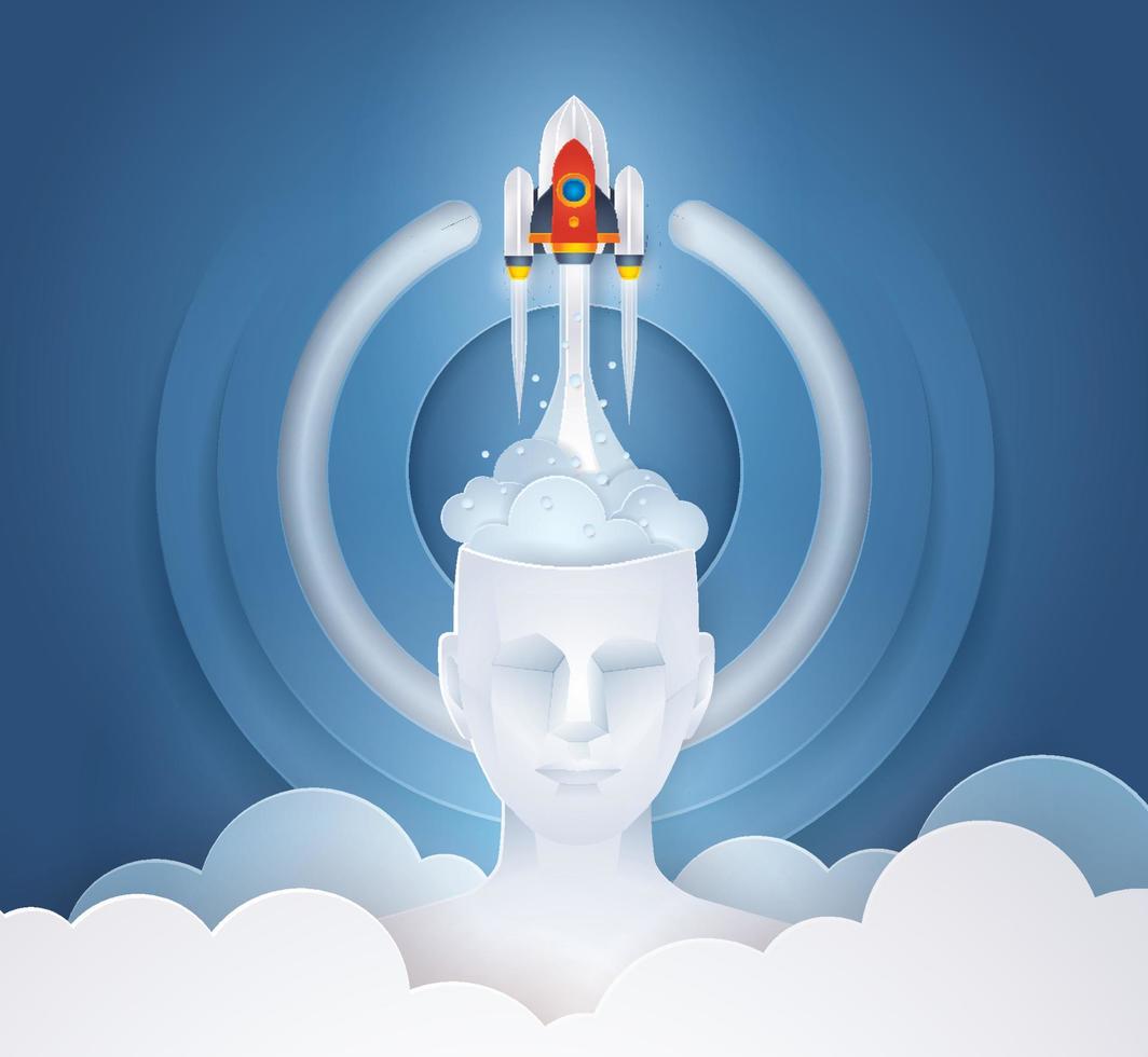 Rocket ship launching from human Head, Abtract Start Icon Background, Business idea start up concept vector