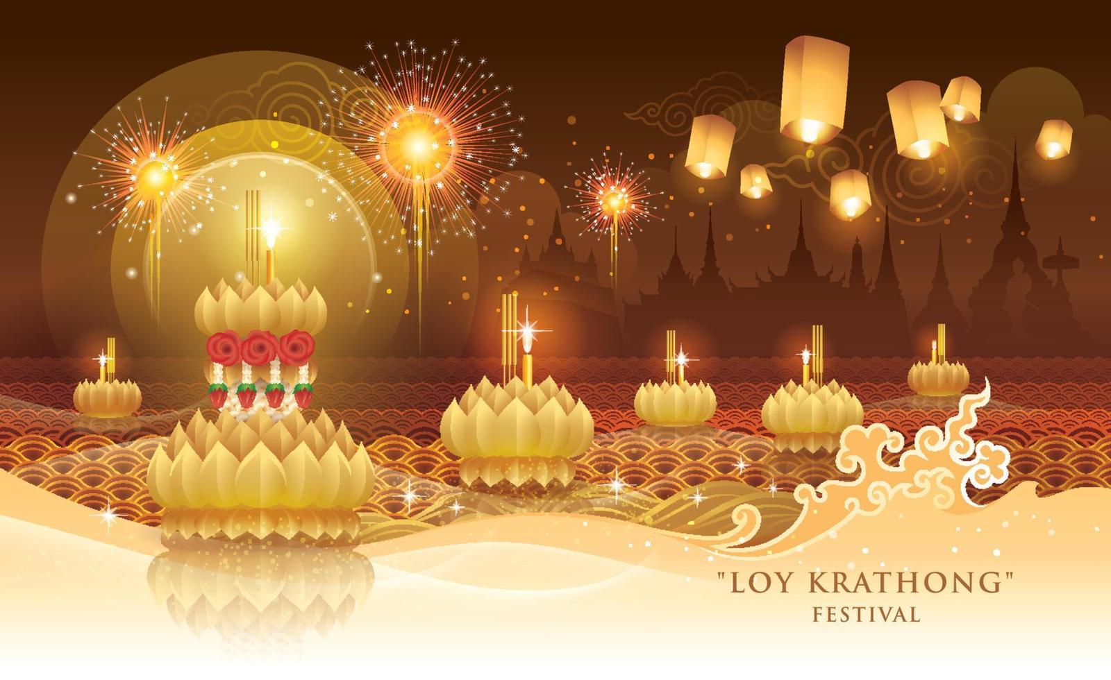 Amazing Thailand Loy Krathong Festival, Gold Thai Water Splash and Lantern with Landmark in Thailand, Thai traditional vector