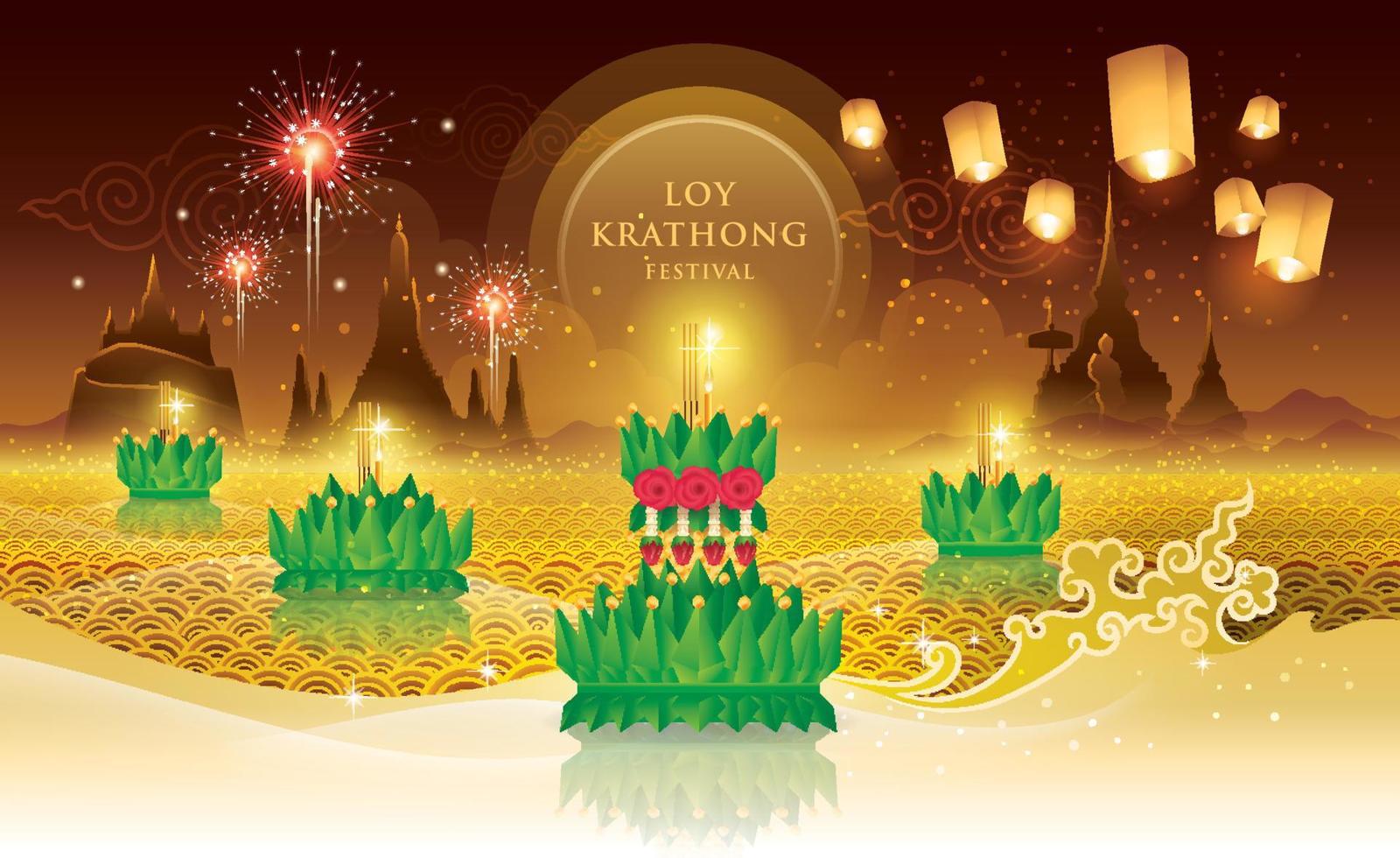 Green Krathong on Water and Lantern with Landmark in Thailand, Loy Krathong Festival, Amazing Thai traditional, vector