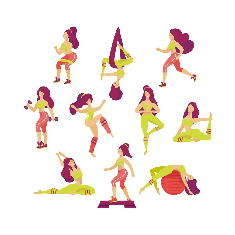 Set of girls doing different kinds of fitness activity. Vector illustration.