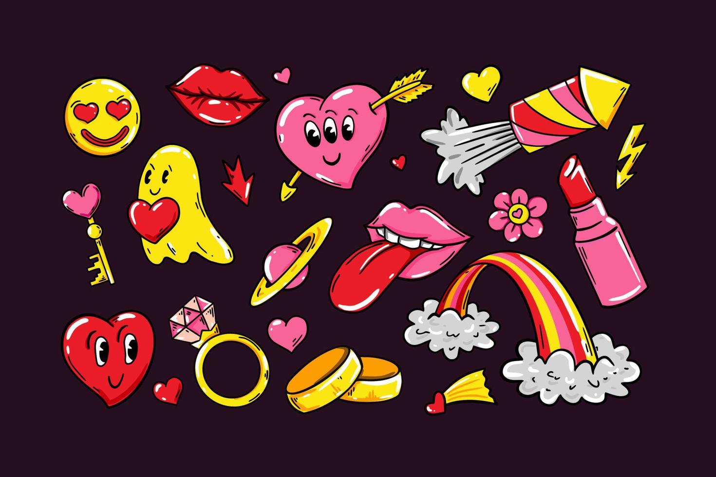 paquete de pegatinas de amor con personajes extraños modernos. ilustración vectorial elementos de diseño del día de san valentín vector