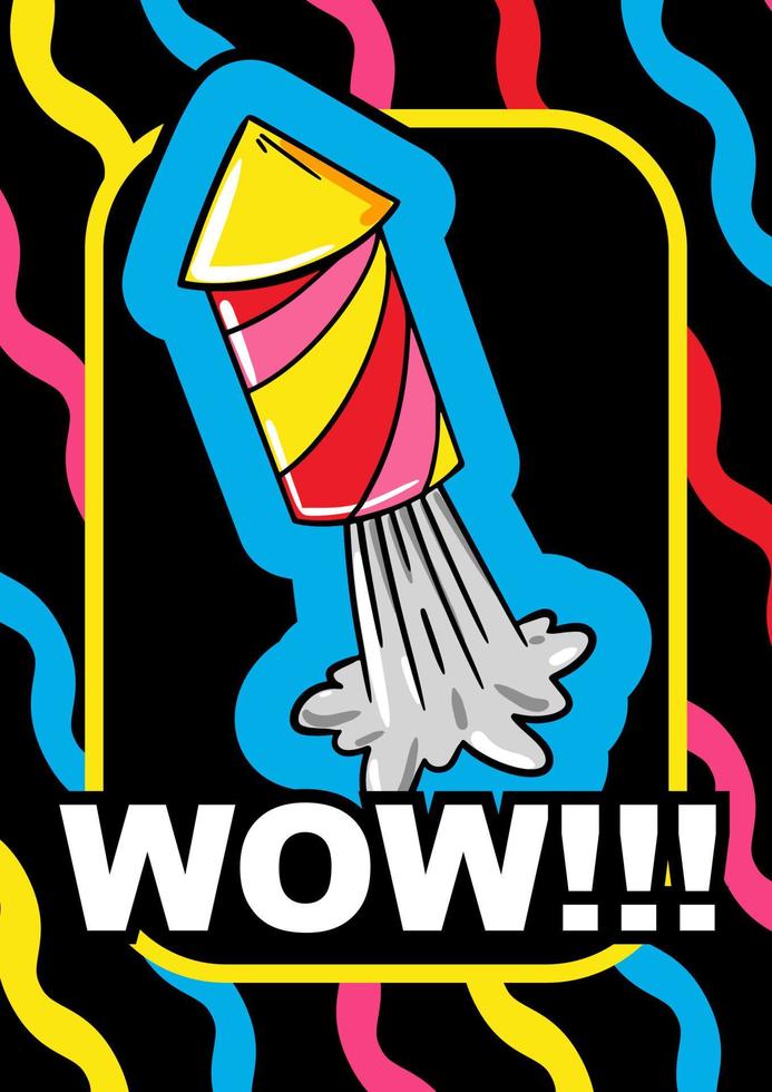 Abstract poster with cute comic rocket.  Cartoon design. Hand drawn vector illustration