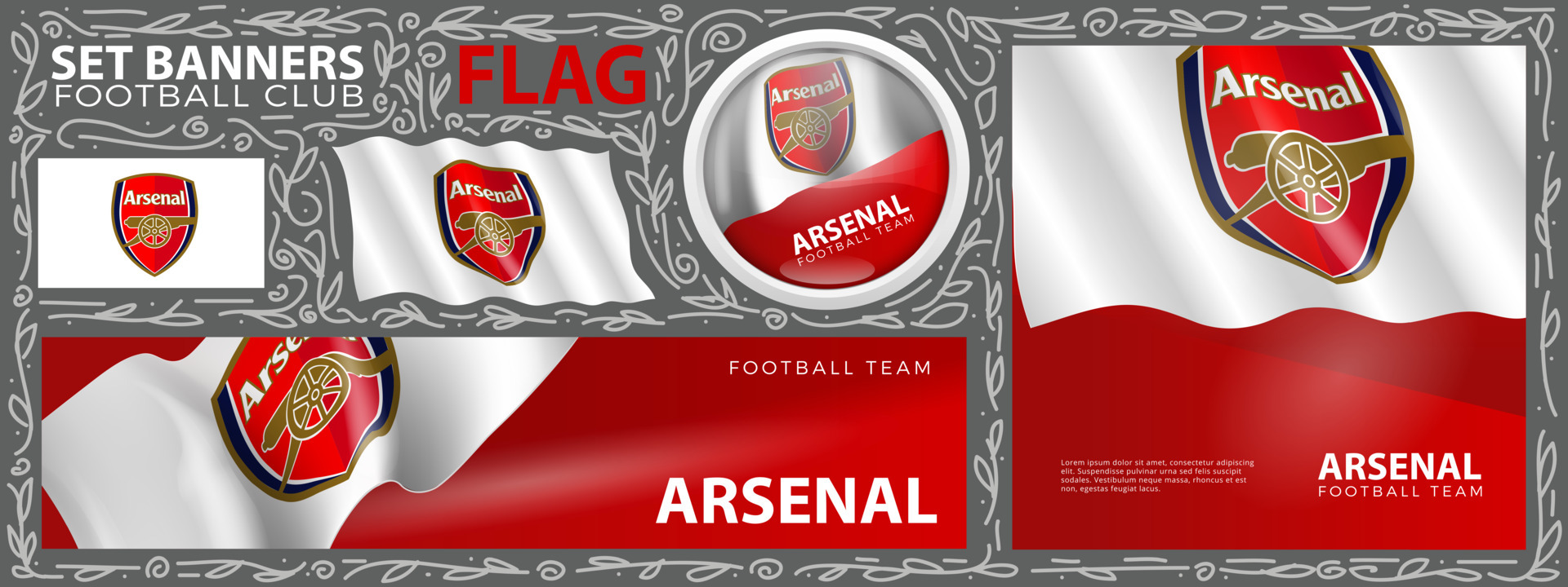 Arsenal flag. Set of Banners. Greeting card, Banner, Flyer design