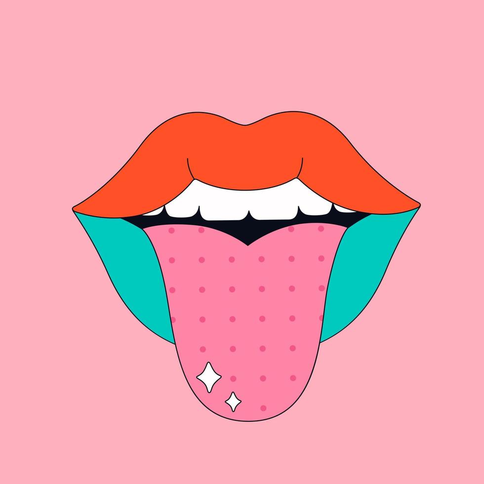 Cute cartoon lips with tongue retro style. Hippie, psychedelic, groove, retro, vintage vector