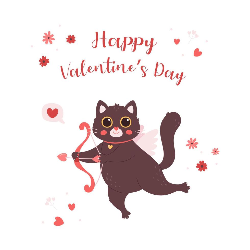 Cat character cupid cat with bow and arrow. Valentines Day greeting card. Love, romantic, wedding vector