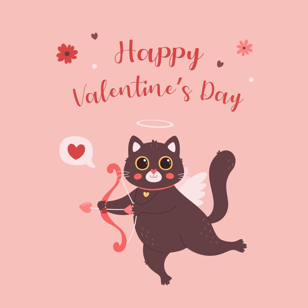 Cat character cupid cat with bow and arrow. Valentines Day greeting card. Love, romantic, wedding vector