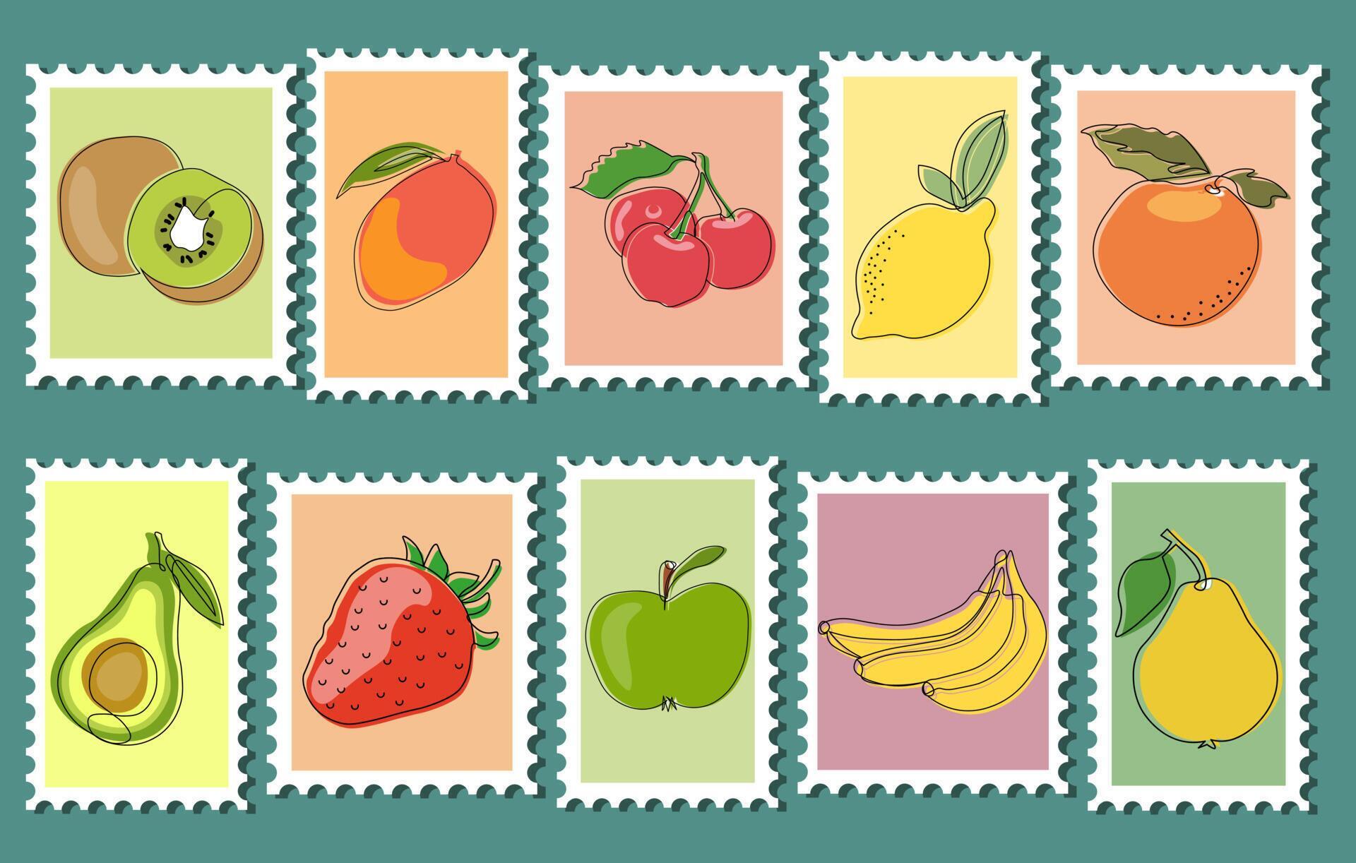 Set of postage stamps with images of various fruits, icons, holiday