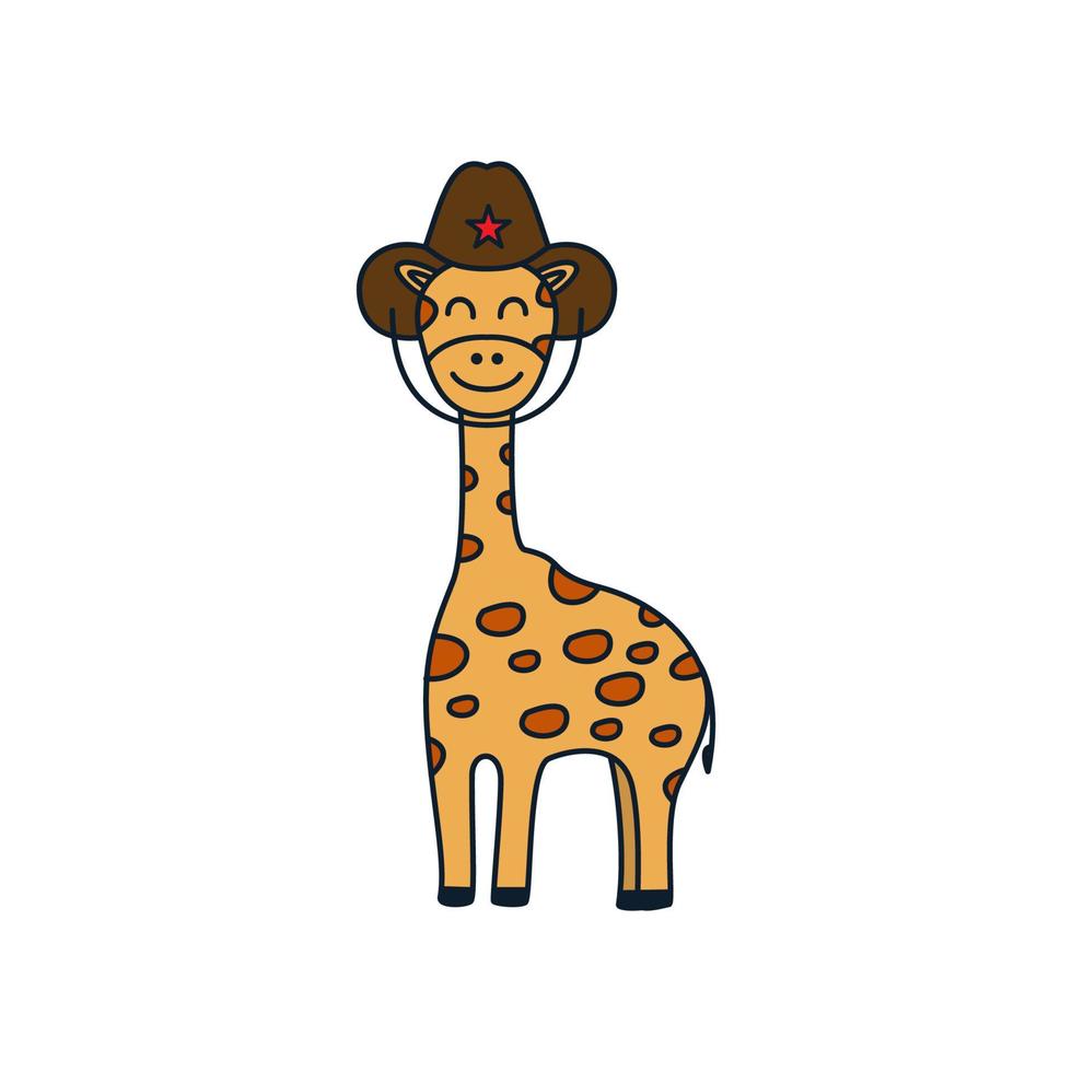 ilustración linda caricatura animal jirafa con sombrero línea logo icono vector