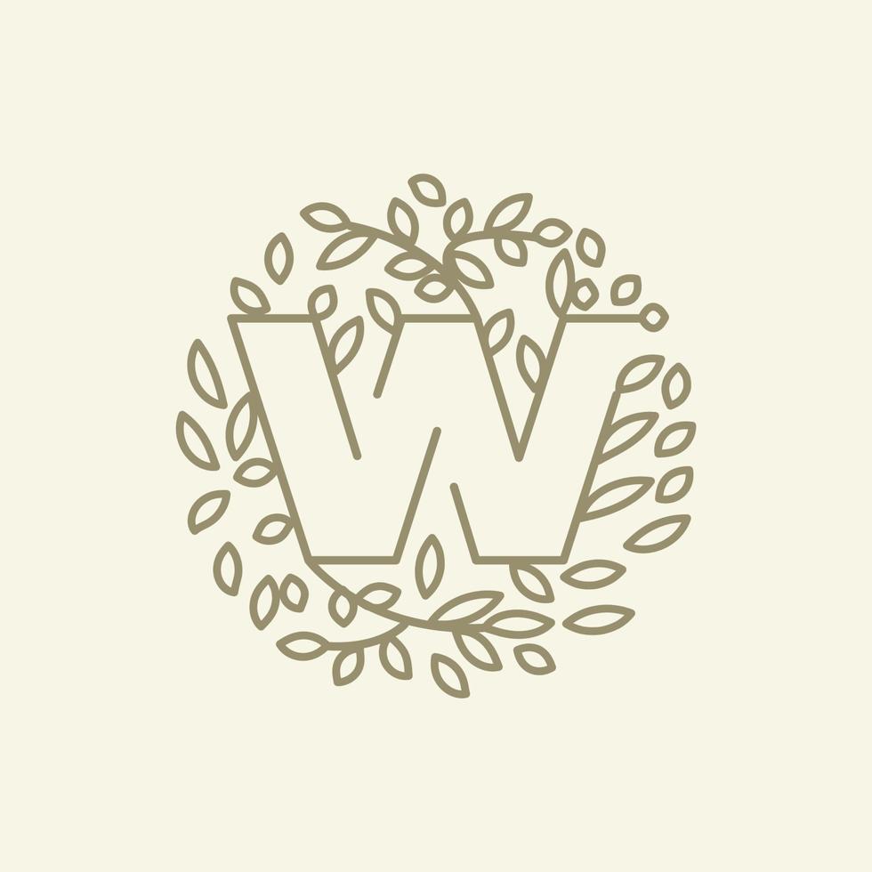 w inicial o letra w con adorno de hoja en el diseño de ilustración de icono de vector de logotipo moderno de lujo circular