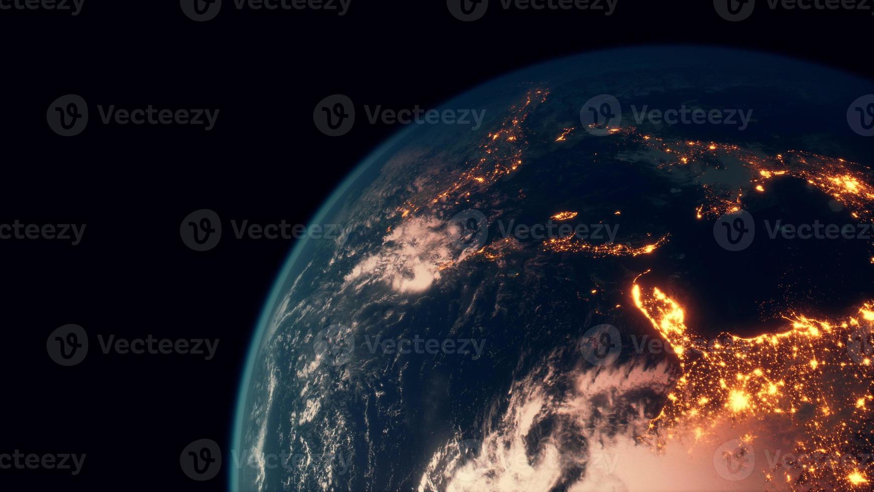 Earth planet viewed from space at night showing the lights of countries photo