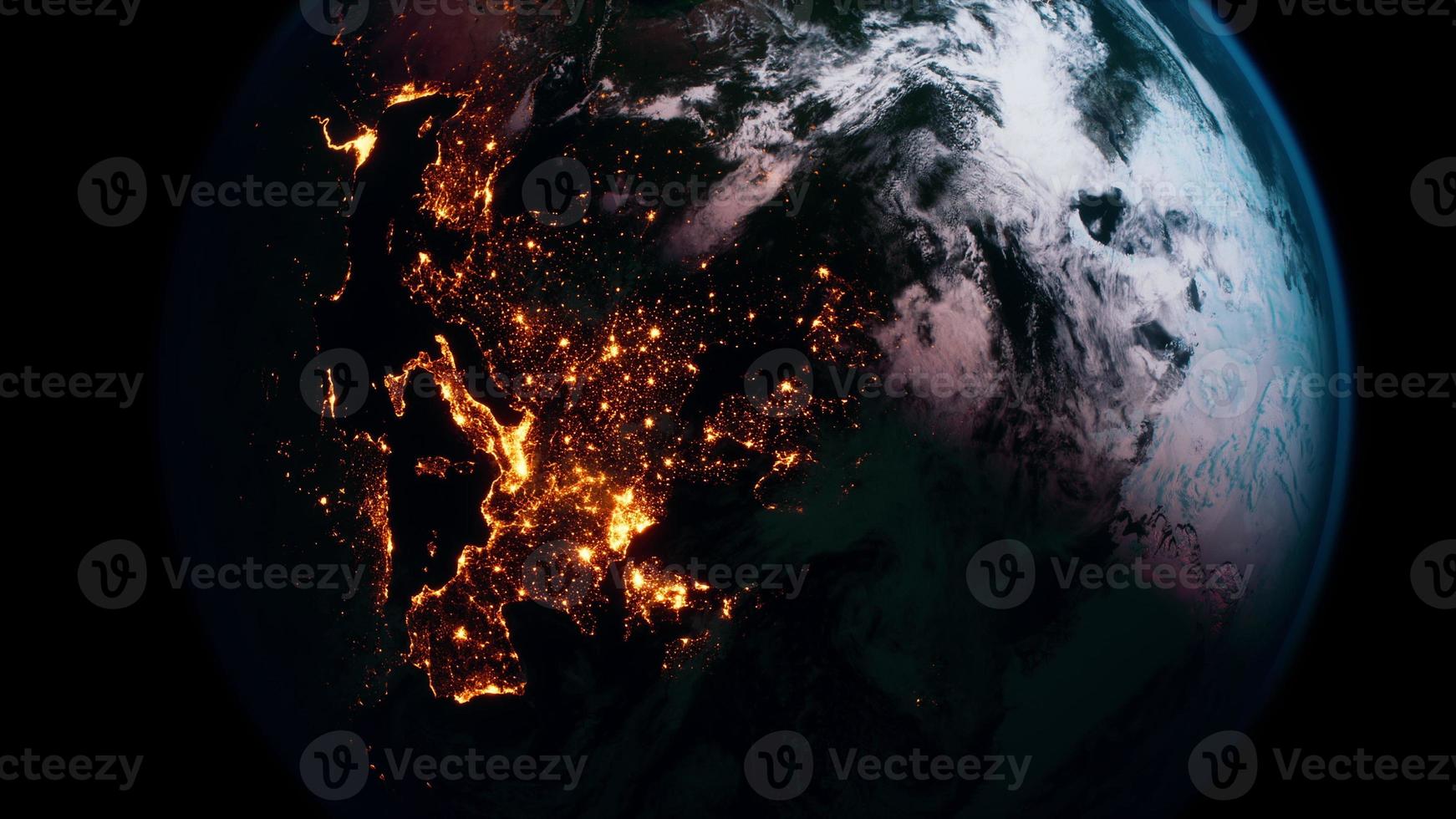 Earth planet viewed from space at night showing the lights of countries photo