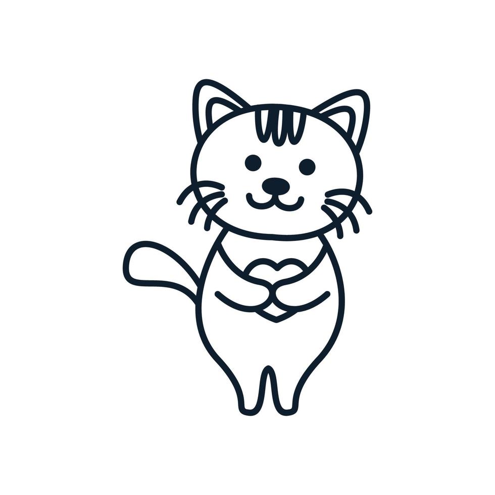 gato o gatito o mascota abrazo amor o corazón linda línea de dibujos animados logotipo icono ilustración vector