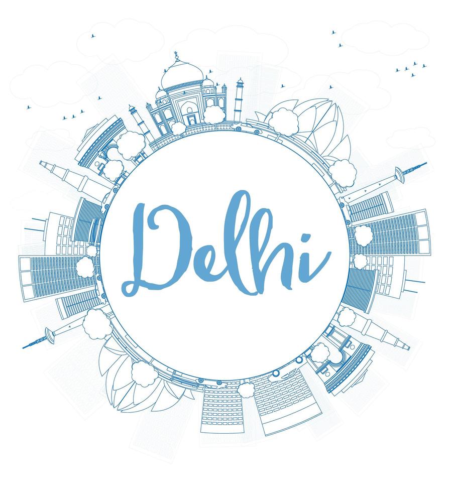 Outline Delhi skyline with blue landmarks and copy space. vector