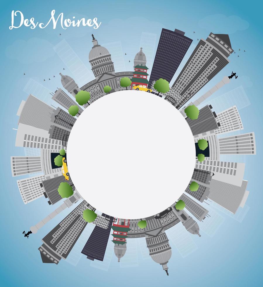 Des Moines Skyline with Grey Buildings and copy space. vector