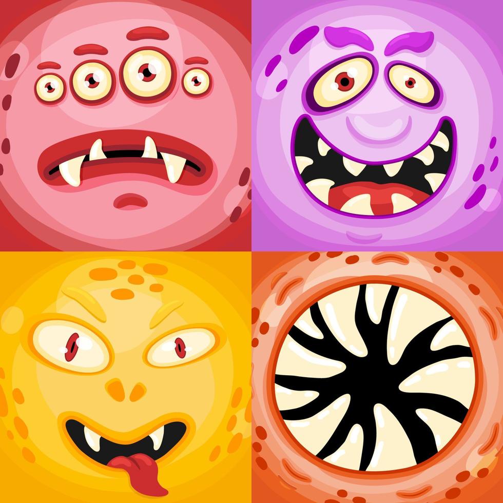 monstruo aterrador o alienígenas se enfrenta a máscaras con boca y ojos. caras de monstruos vectoriales de dibujos animados con diferentes expresiones emociones. vector