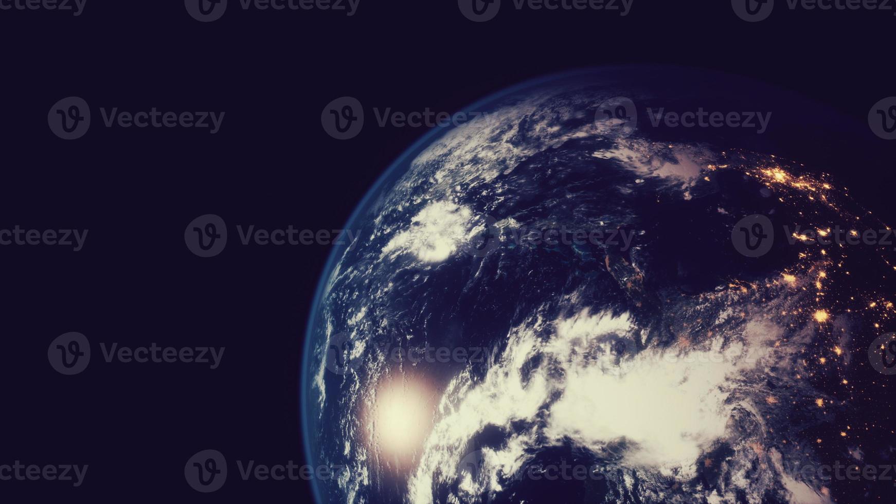 Earth planet viewed from space at night showing the lights of countries photo