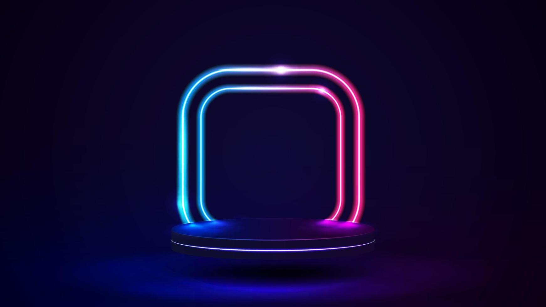 Empty podium with line gradient neon square frames with rounded corners on background. Abstract scene with pink and blue neon frames and flying platform vector