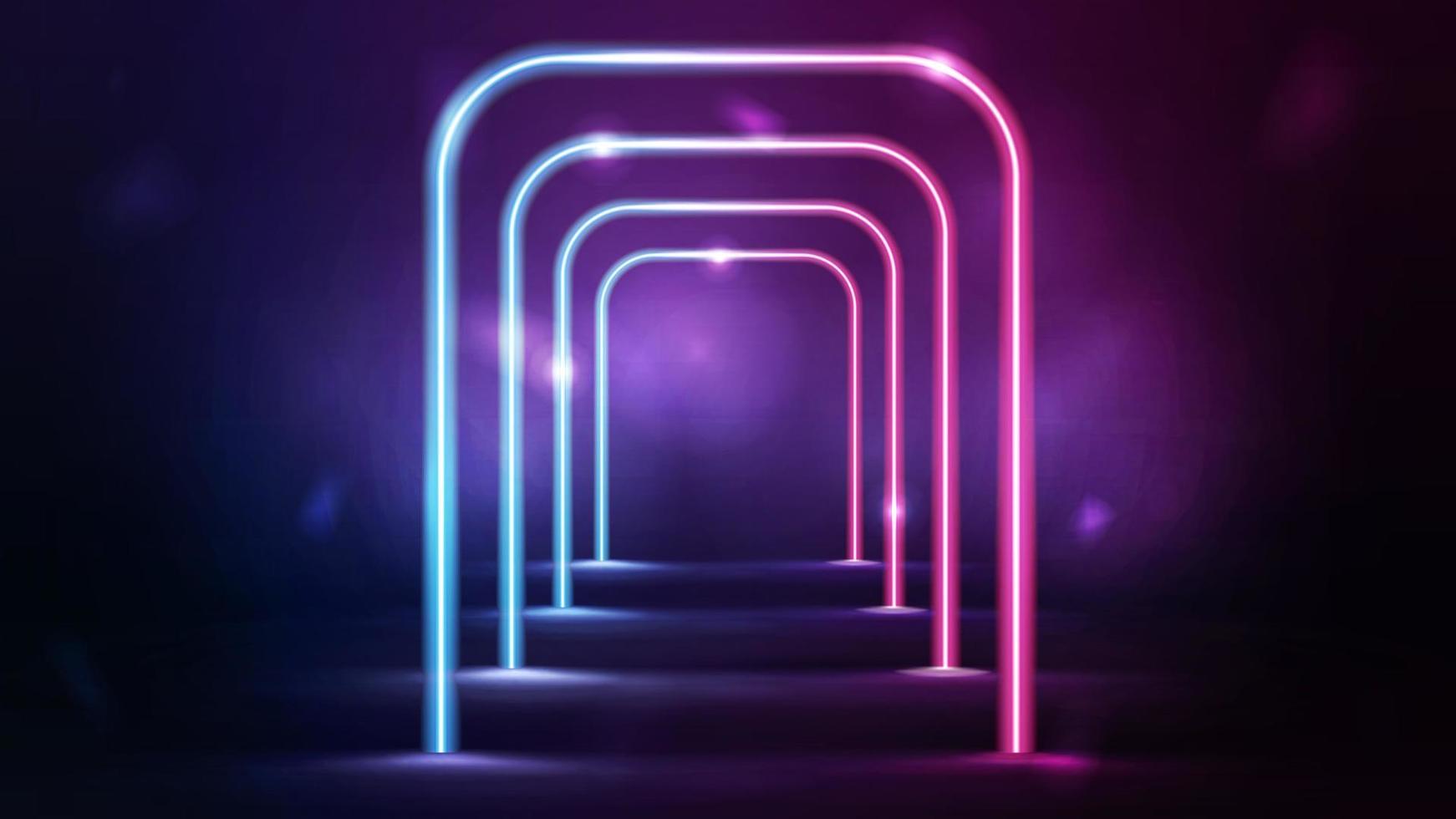 Neon pink and blue frames. Tunnel of neon rectangular vertical frames in dark scene vector