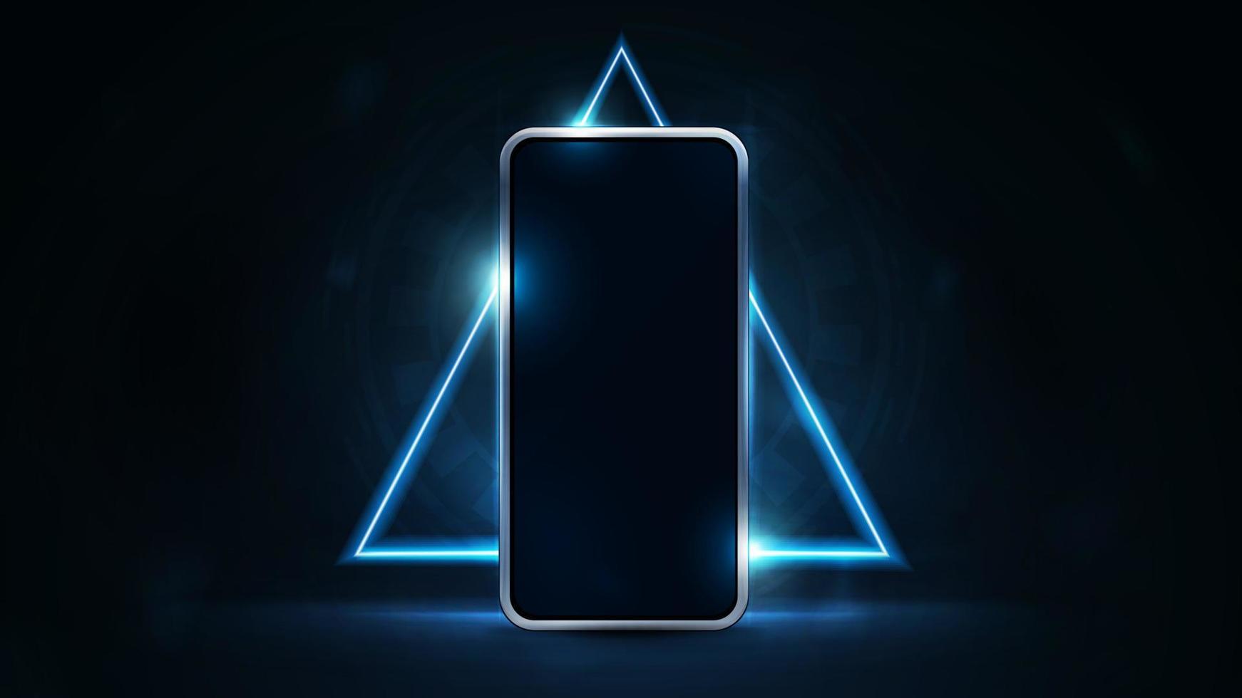 Smartphone mock up in dark scene with blue hologram neon triangle border on background vector