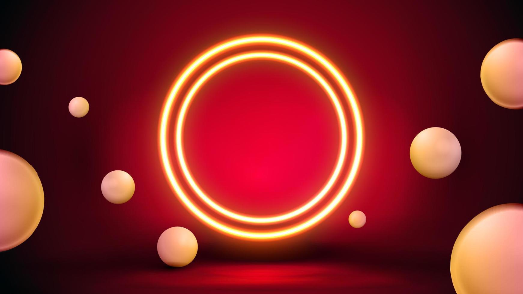 Dark red scene with large yellow neon rings and bouncing spheres around. vector