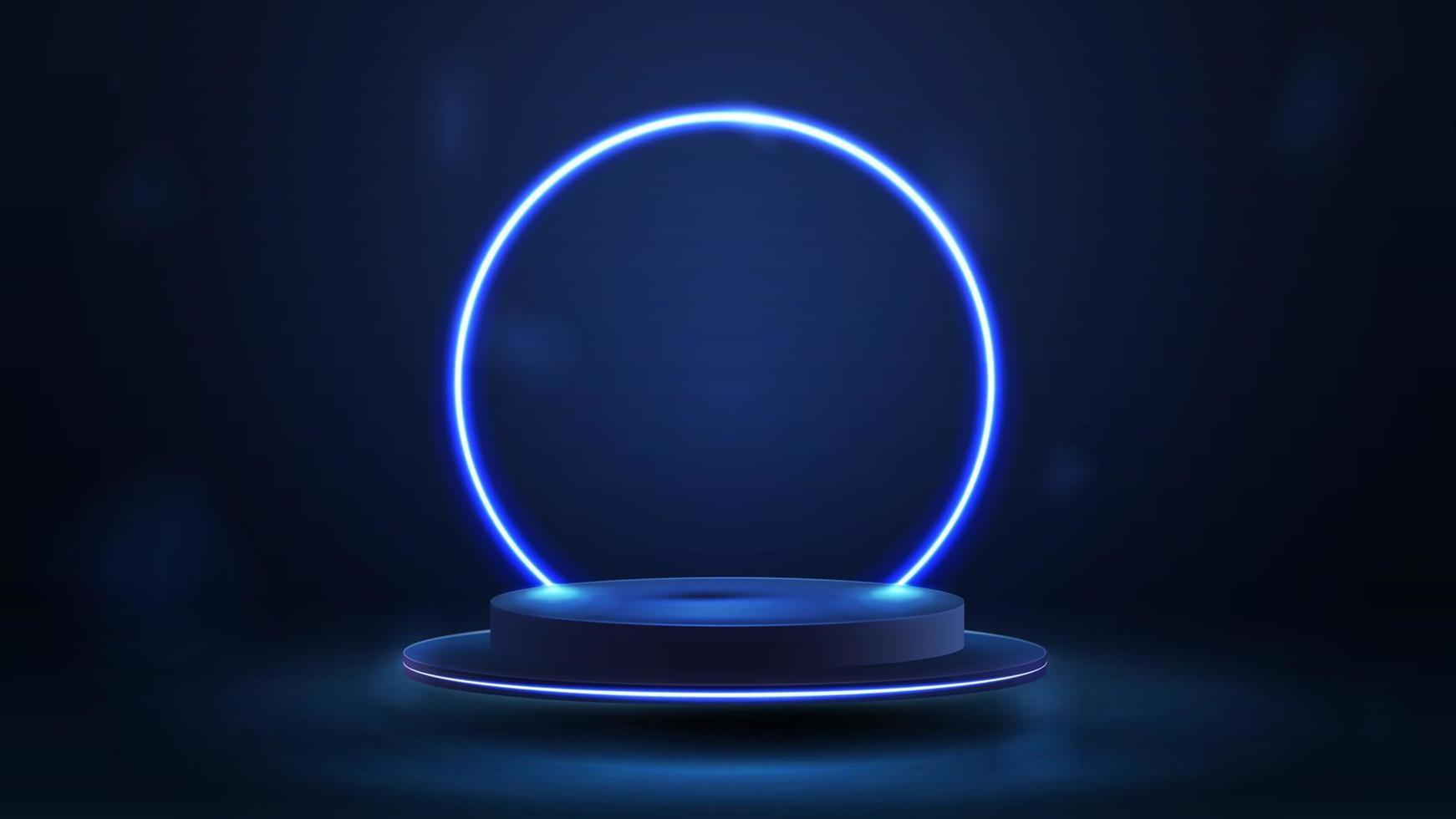 Empty blue podium floating in the air with blue neon ring on background. vector