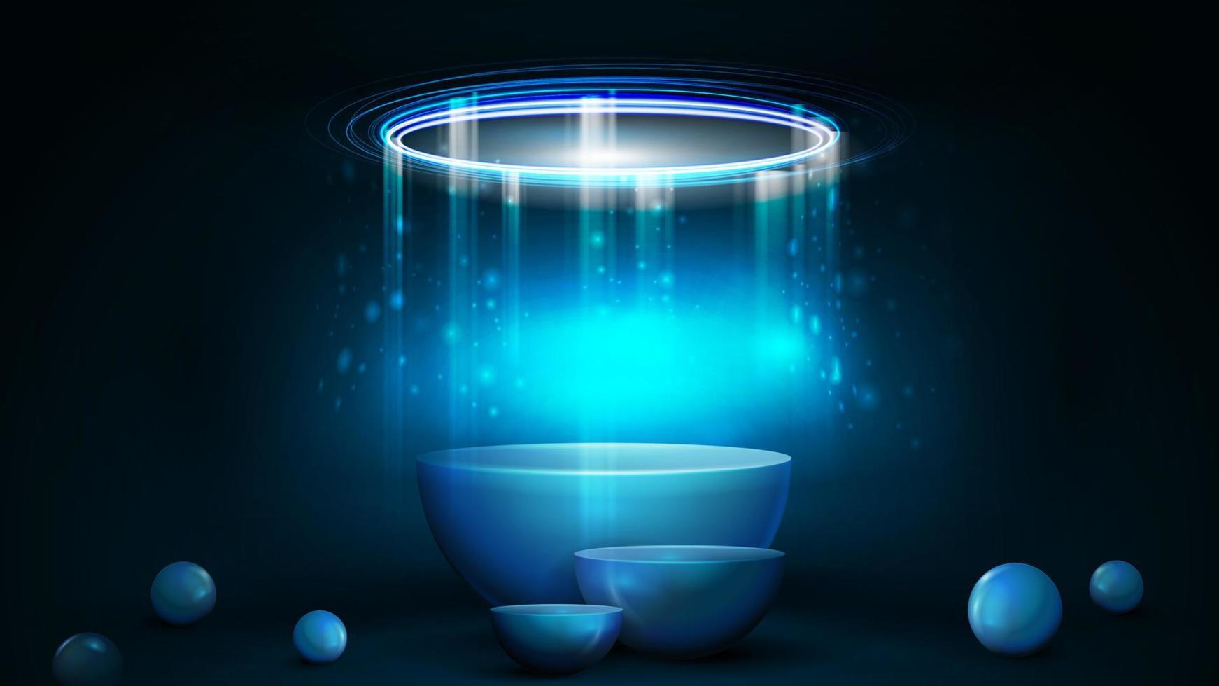 Empty blue semicircular pedestals with large neon shiny rings  on dark background and decorative spheres around vector
