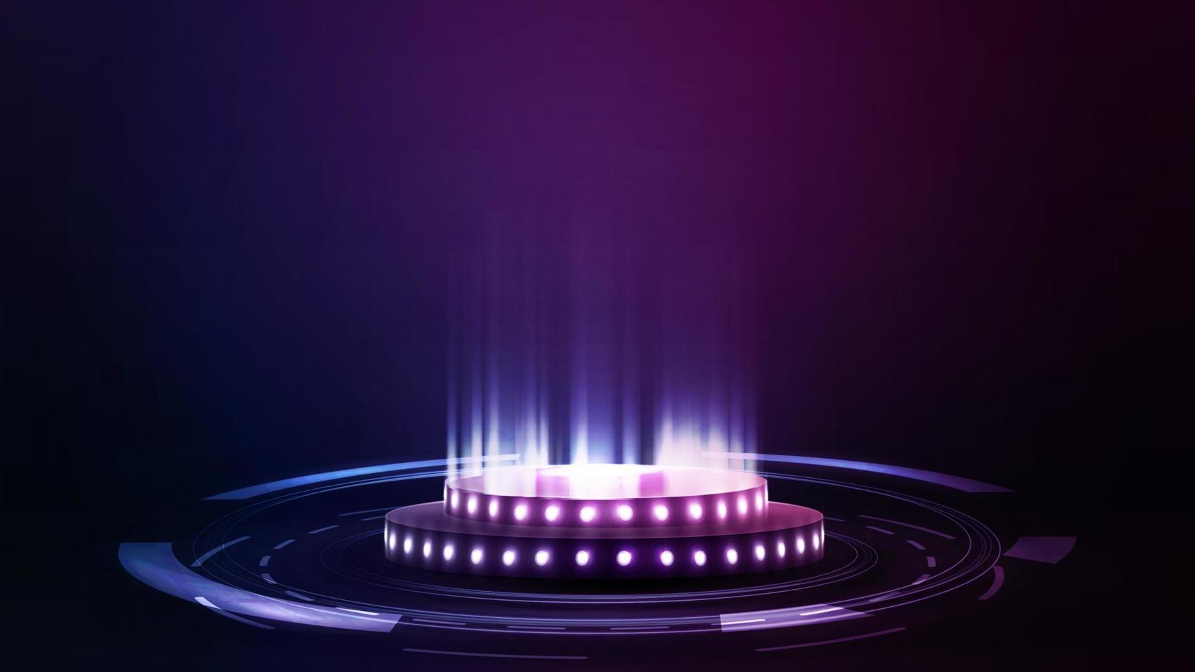 Empty digital podium with bulbs, particles and hologram digital rings in dark room vector