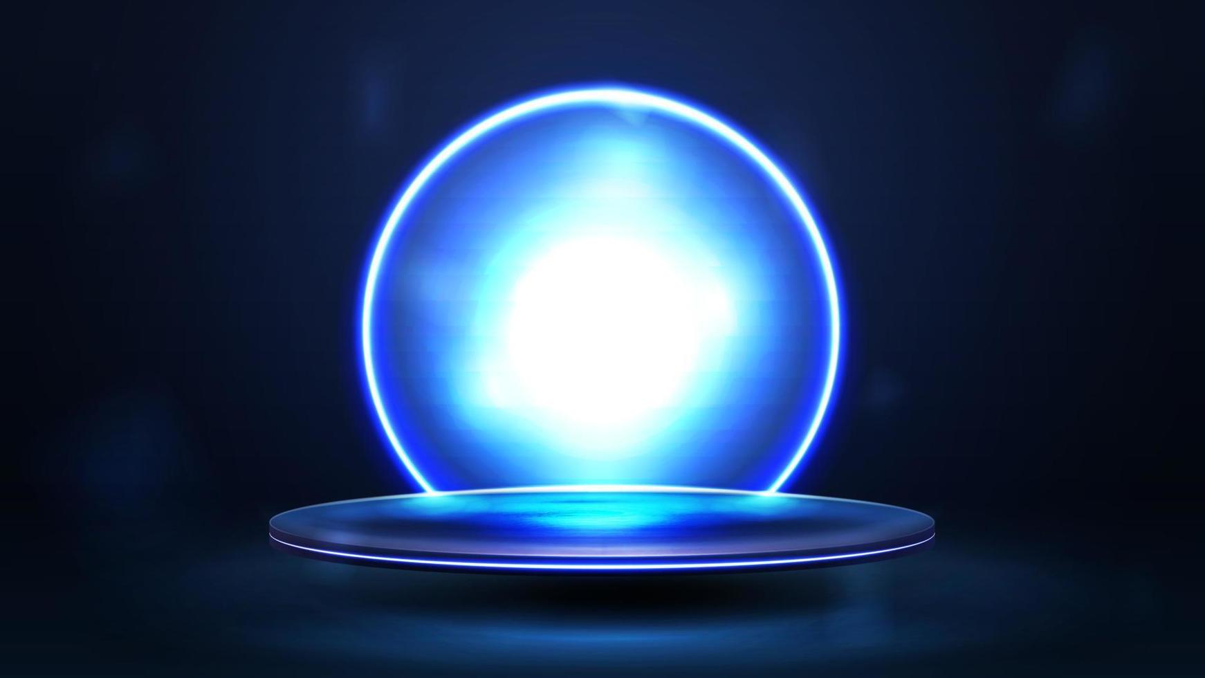 Empty blue podium floating in the air with blue neon sphere on background, 3d realistic vector illustration. Dark and blue digital scene
