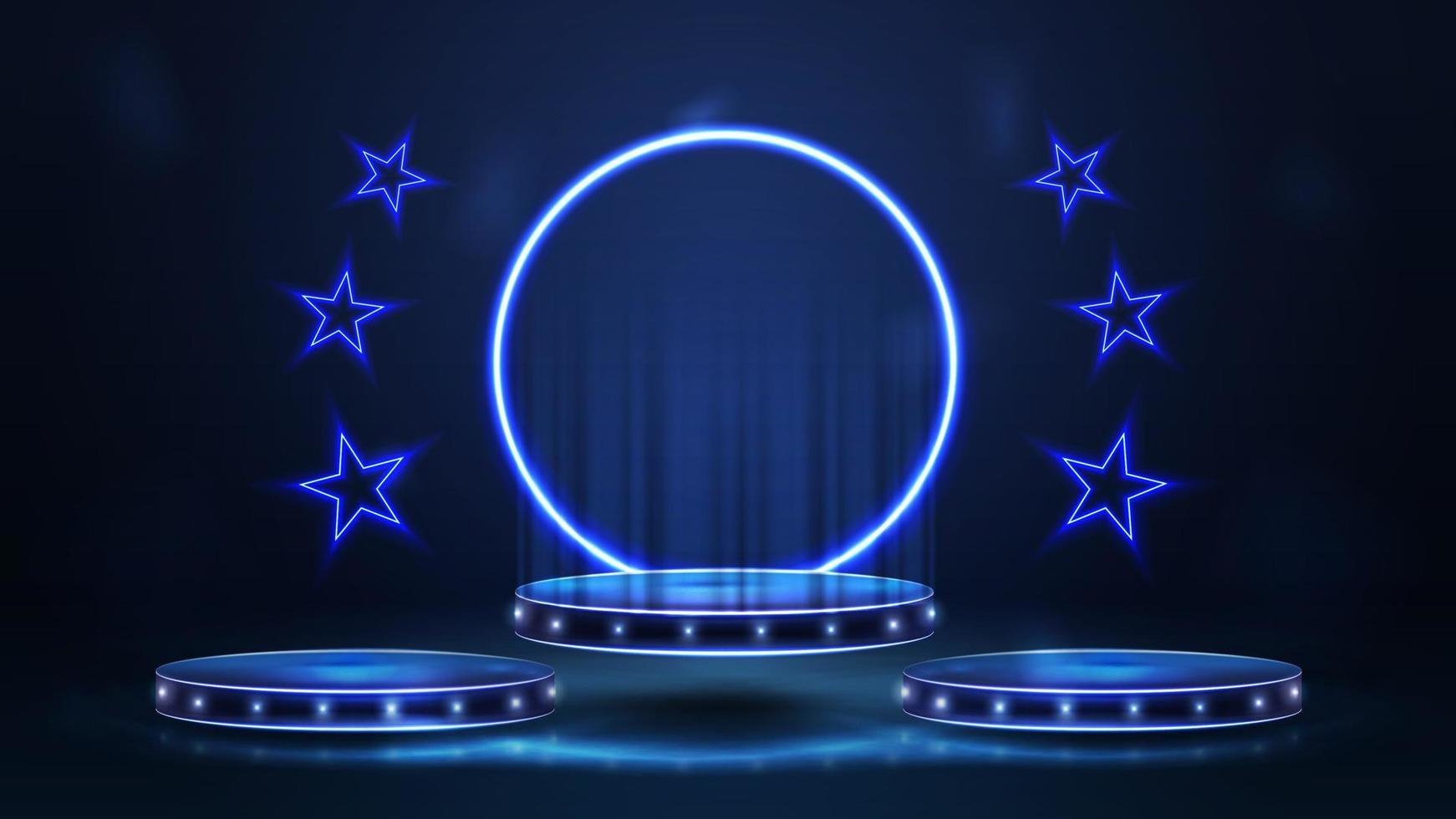 Podium of winners floating in the air with blue neon ring and neon stars. Dark and blue scene with podiums of winners vector