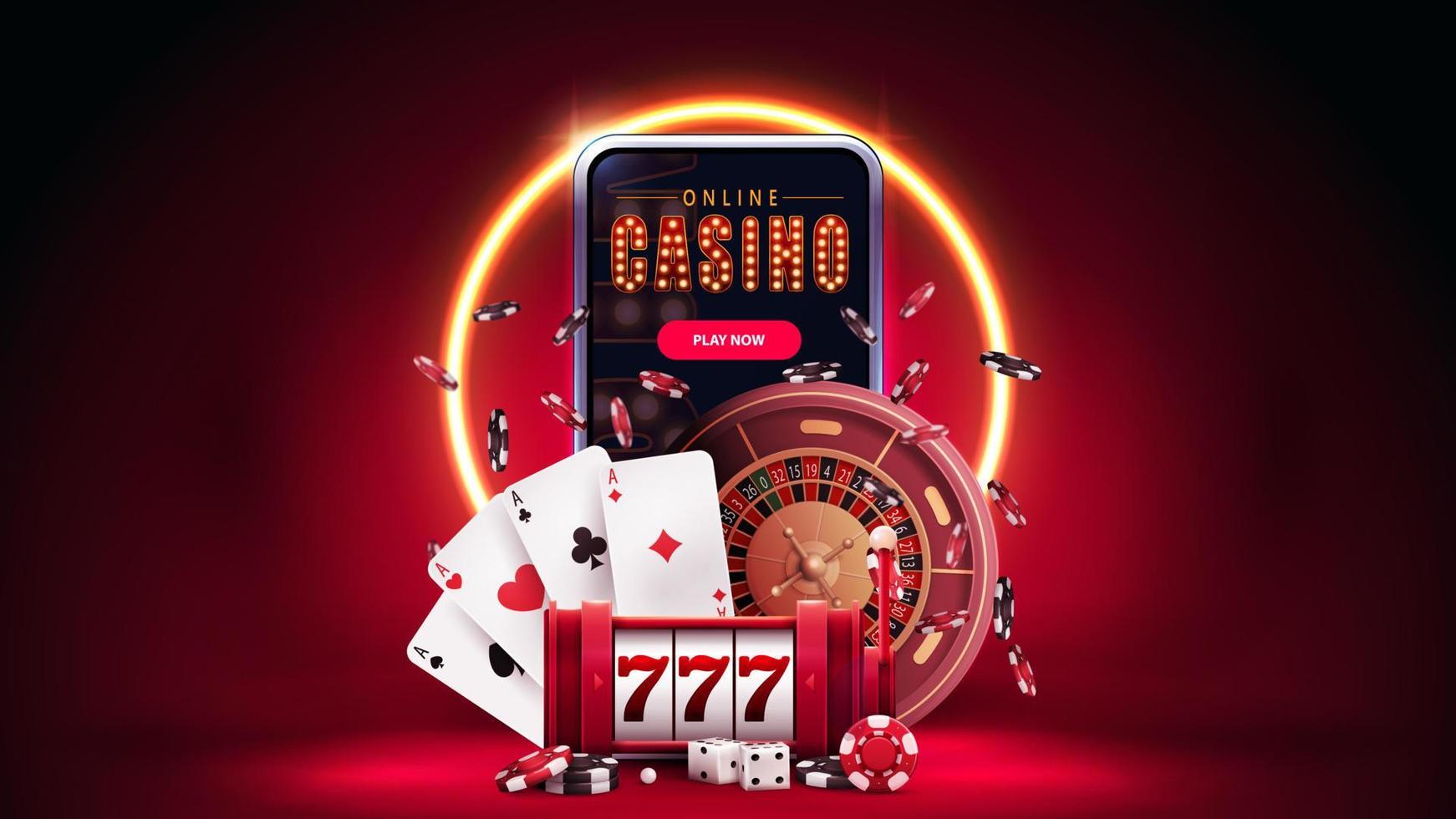 casino, red banner with smartphone, slot machine, Casino Roulette, poker chips and playing cards in red scene with orange neon ring on background. 5525134 Vector Art at Vecteezy