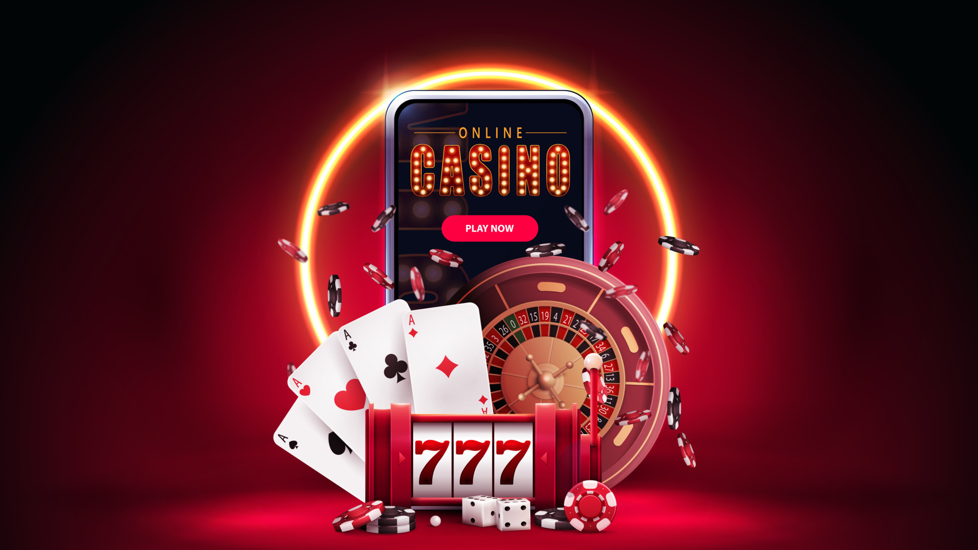 Online casino, red banner with smartphone, slot machine, Casino Roulette,  poker chips and playing cards in red scene with orange neon ring on  background. 5525134 Vector Art at Vecteezy