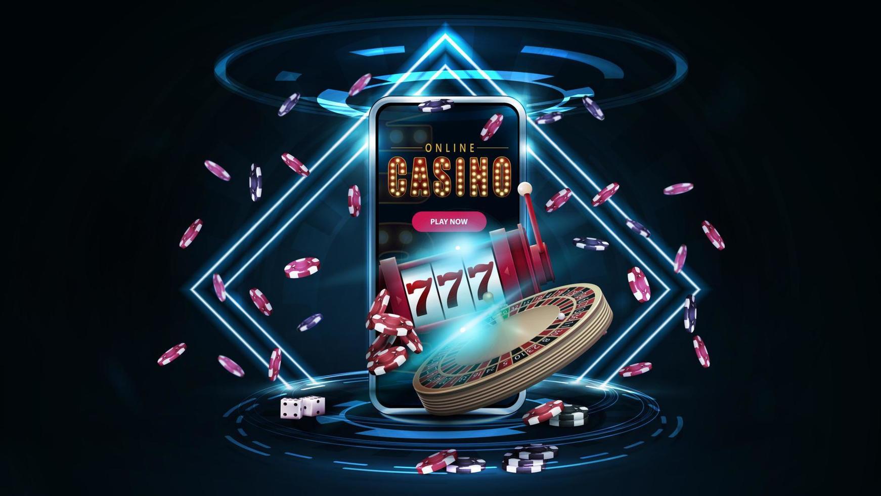 casino en línea, pancarta con podio con teléfono inteligente, máquina tragamonedas de casino, ruleta de casino y fichas de póquer en escena oscura con marcos de rombos de neón y holograma de anillos digitales vector