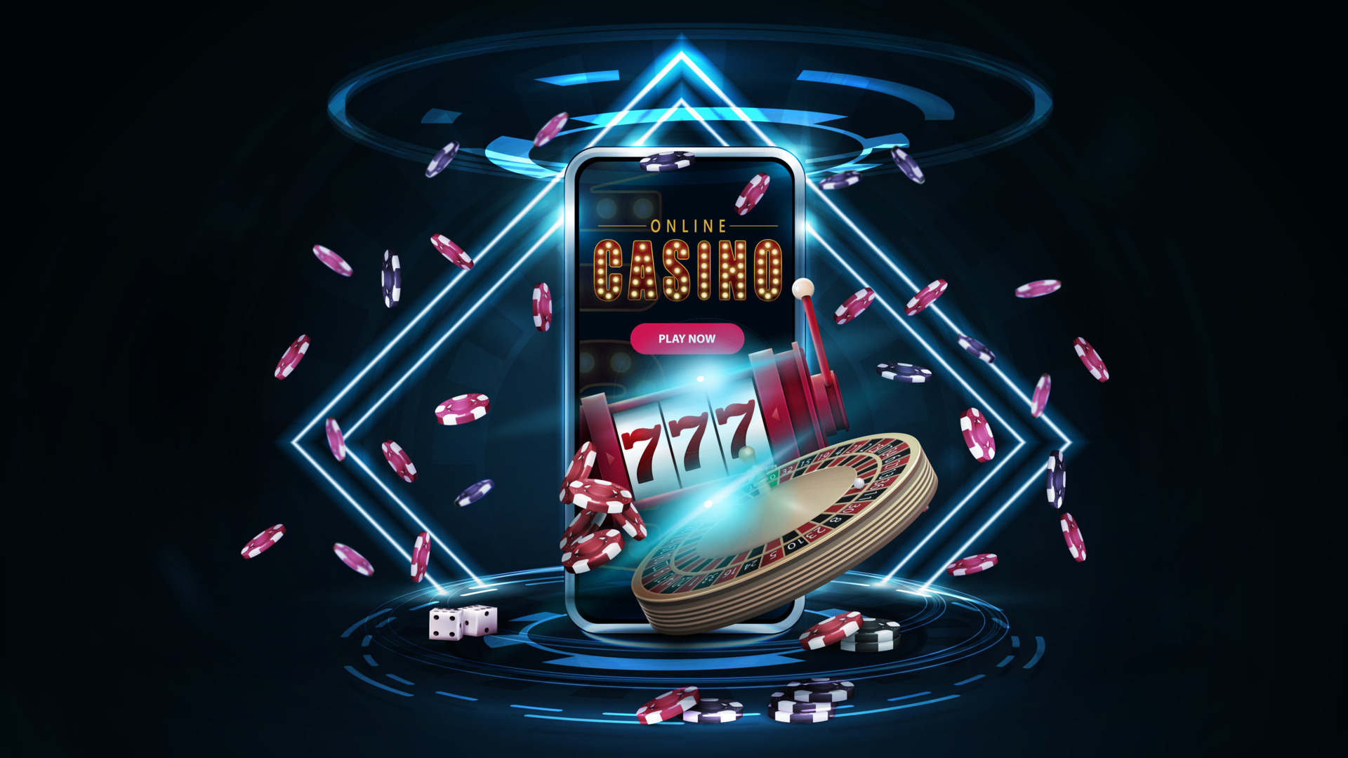 Online casino, banner with podium with smartphone, casino slot machine,  Casino Roulette and poker chips in dark scene with neon rhombus frames and  hologram of digital rings 5525136 Vector Art at Vecteezy