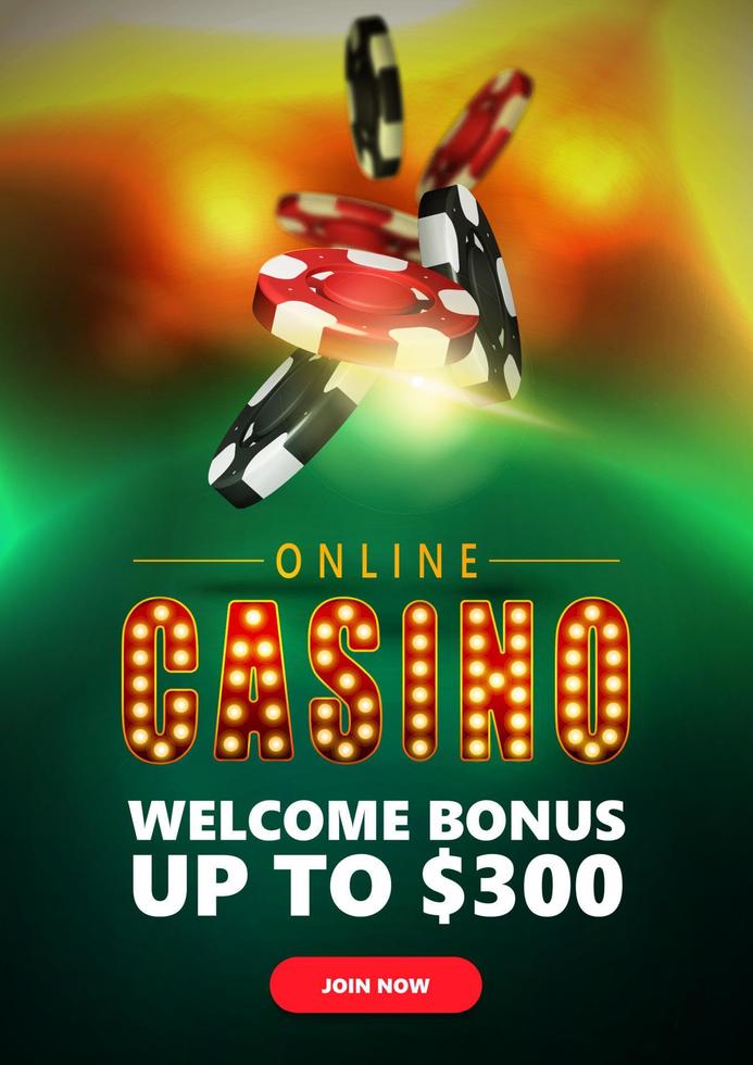 Online casino, banner with poker chips and casino roulette green table in perspective with golden background vector