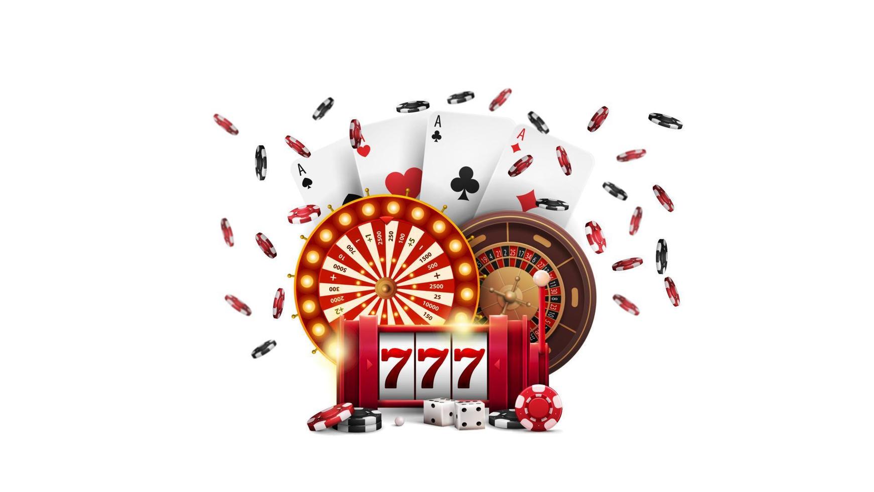 Casino Wheel Fortune, Red slot machine, Roulette wheel, poker chips and playing cards isolated on white background vector