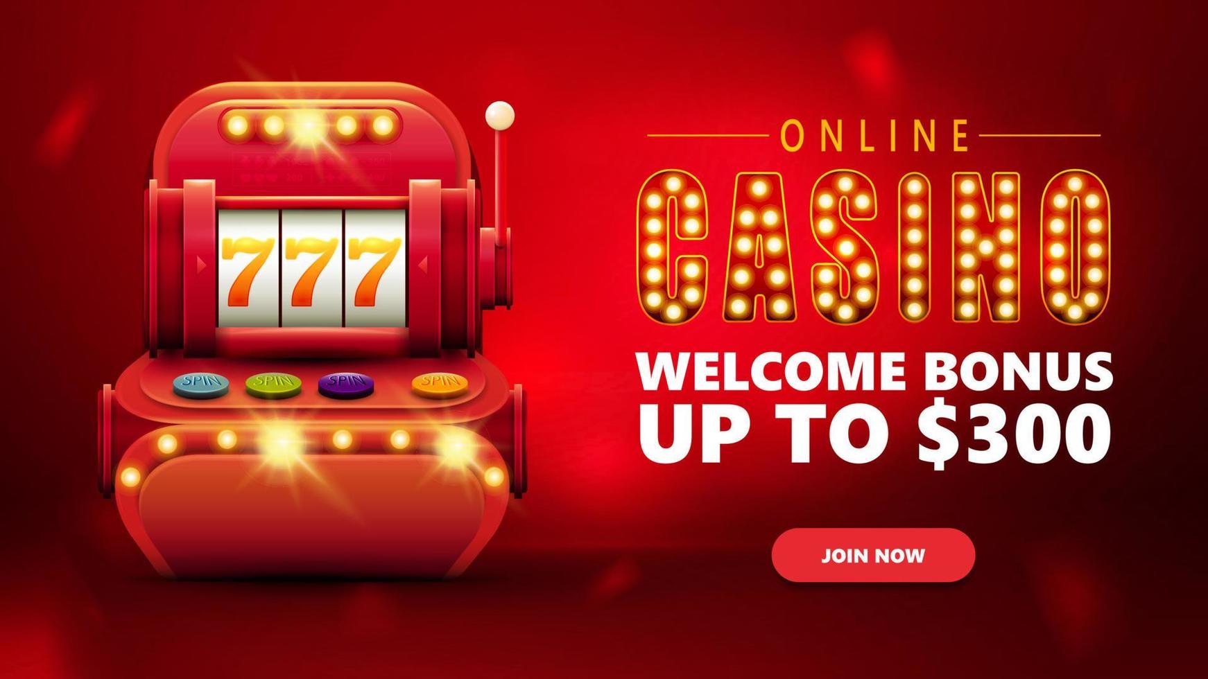 casino en línea, banner de invitación rojo para sitio web con botón y máquina tragamonedas volumétrica roja con jackpot en estilo de dibujos animados vector