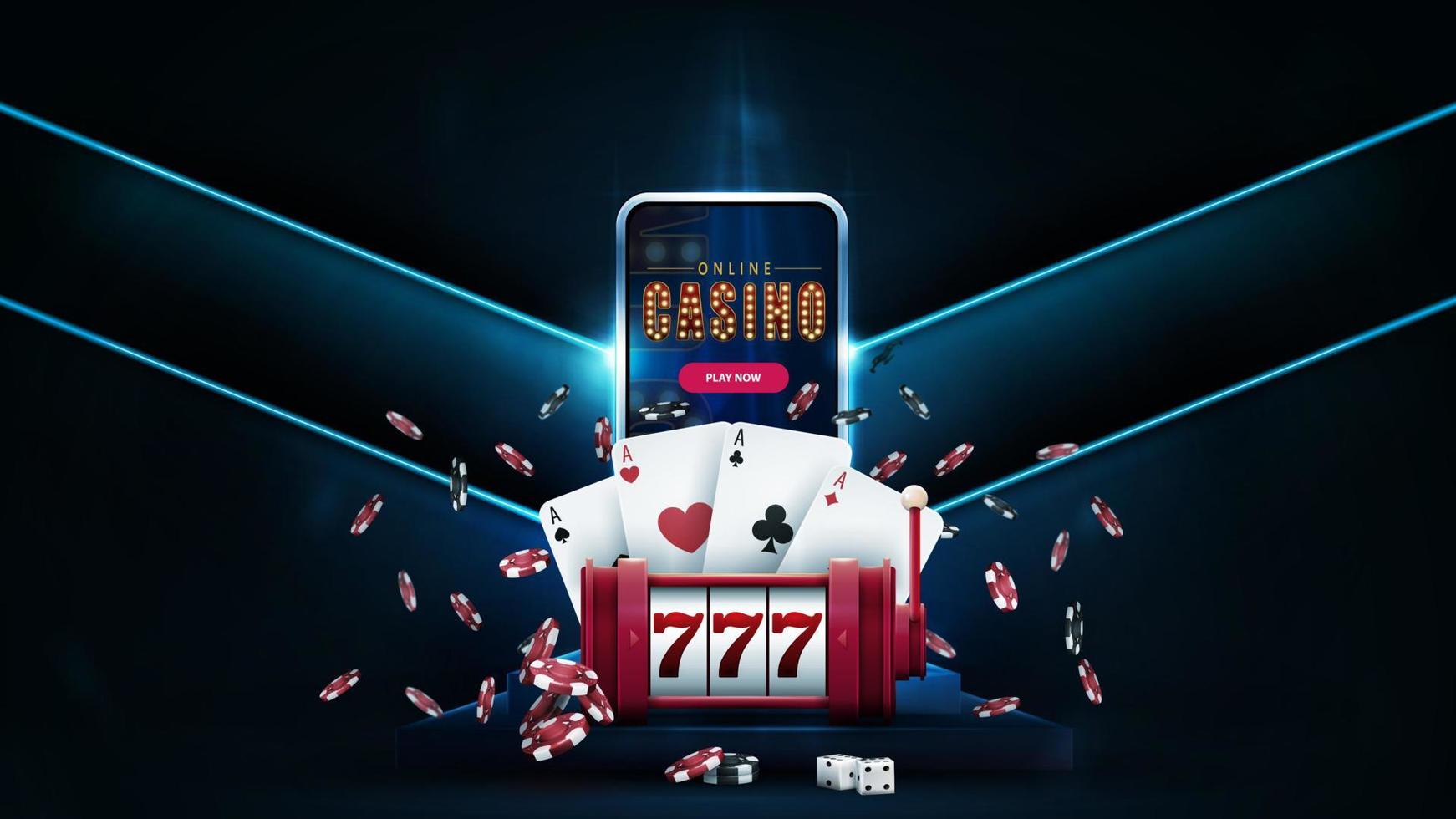 Online casino, banner with smartphone on podium, red slot machine, poker chips and playing cards in empty room with neon blue large arrows on wall vector