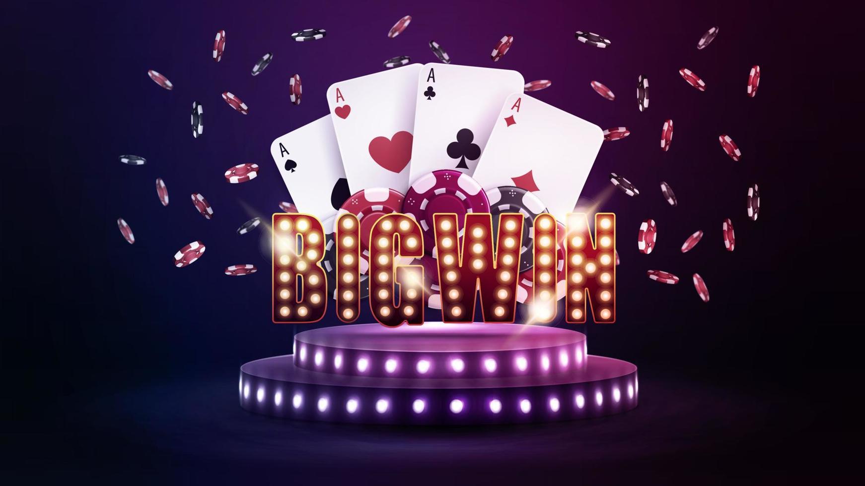 Sign Big win with playing cards and falling chips on podium with bulbs vector