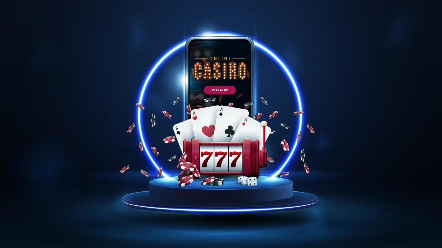 Blue podium floating in the air with blue neon ring, smartphone, red slot machine, poker chips and playing cards in dark scene vector