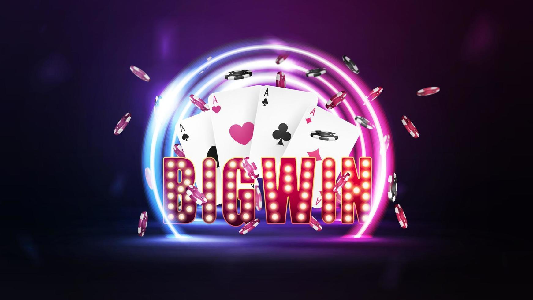 Sign Big win with playing cards and falling chips in tunnel of neon pink and blue round frames in dark scene vector