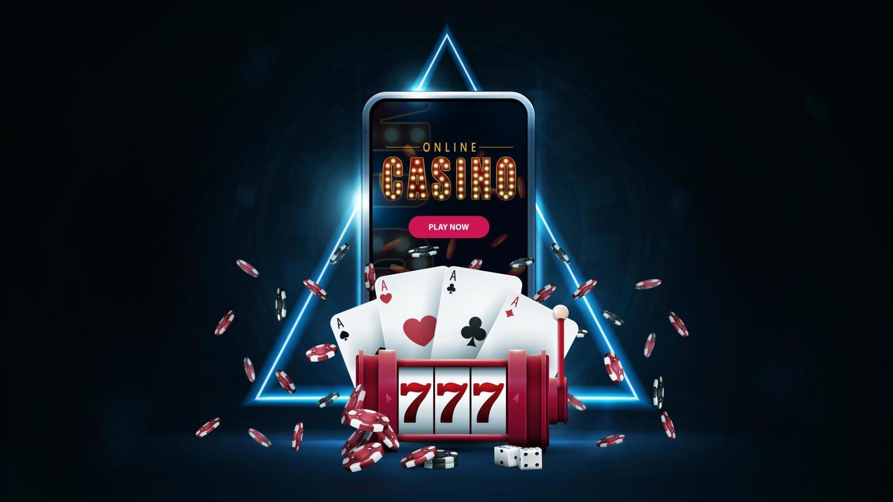 Online casino, banner with smartphone, red slot machine, poker chips, playing cards in dark scene with blue neon triangle border on background vector