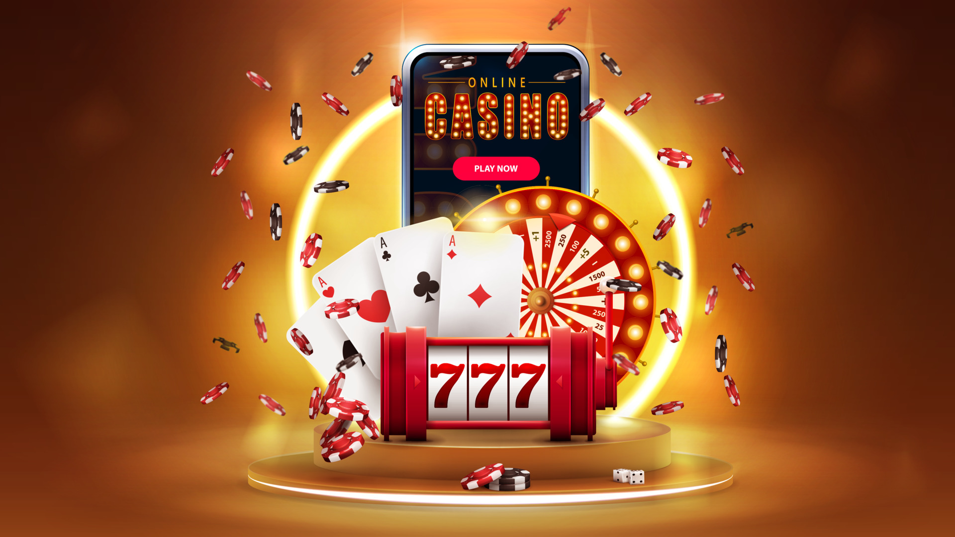 Online casino, banner with podium with smartphone, casino slot machine, Casino Roulette and poker chips in dark scene with neon rhombus frames and hologram of digital rings 5525136 Vector Art at Vecteezy