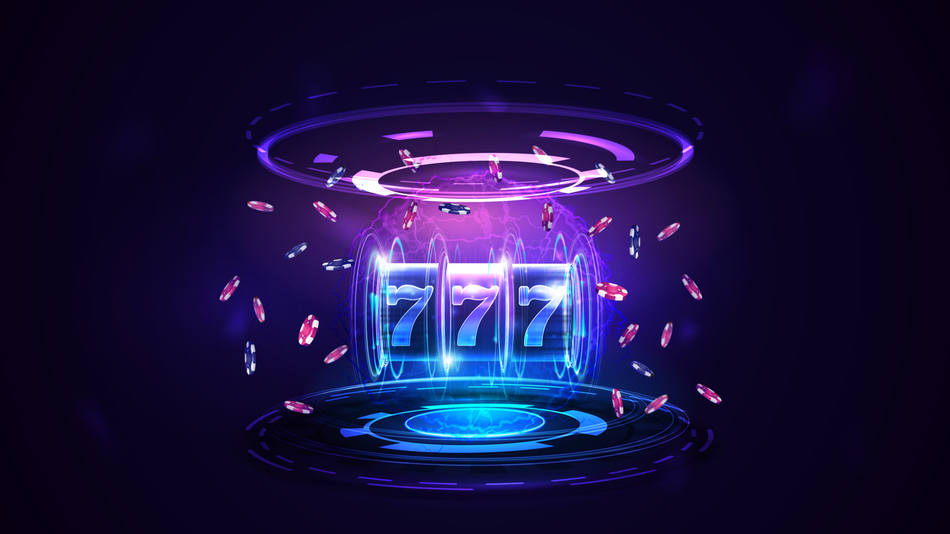 Neon Casino slot machine with jackpot, poker chips and hologram of digital rings in dark empty scene 5525154 Vector Art at Vecteezy