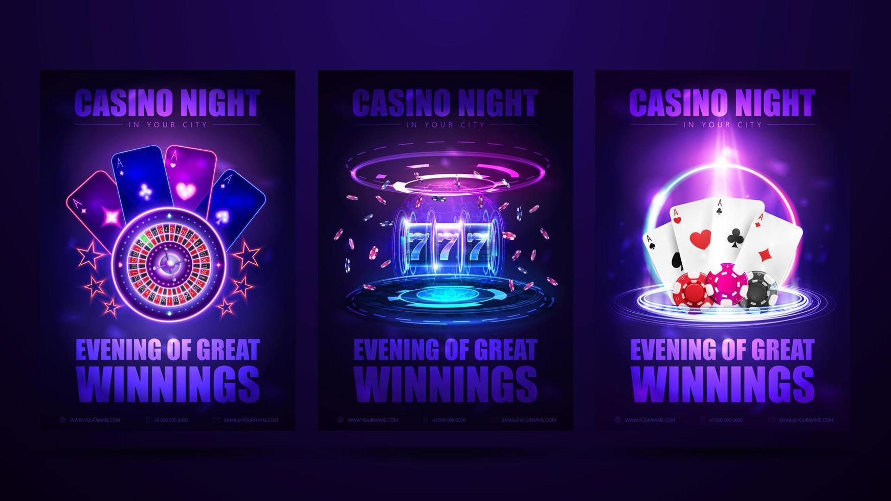 Casino night, set of invitation posters with neon casino elements. Posters with digital hologram of slot machine, Casino Roulette wheel, playing cards and poker chips vector