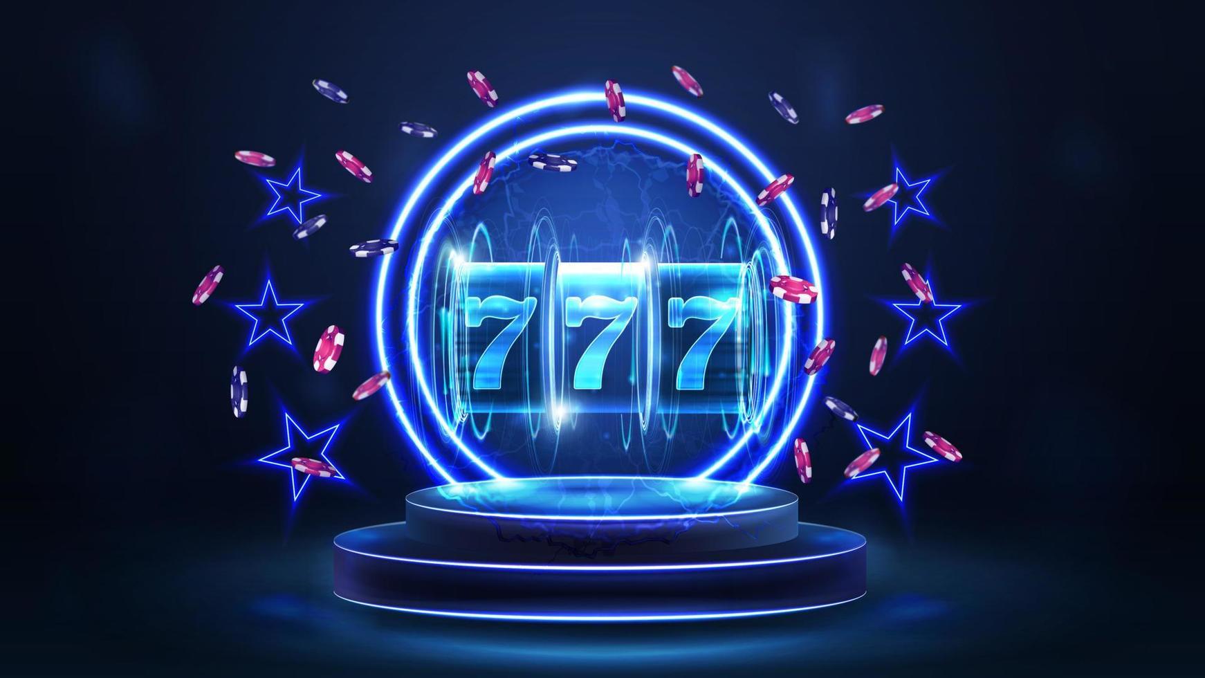 Blue podium of winners with blue neon rings, neon stars, slot machine with jackpot and poker chips in dark blue scene vector