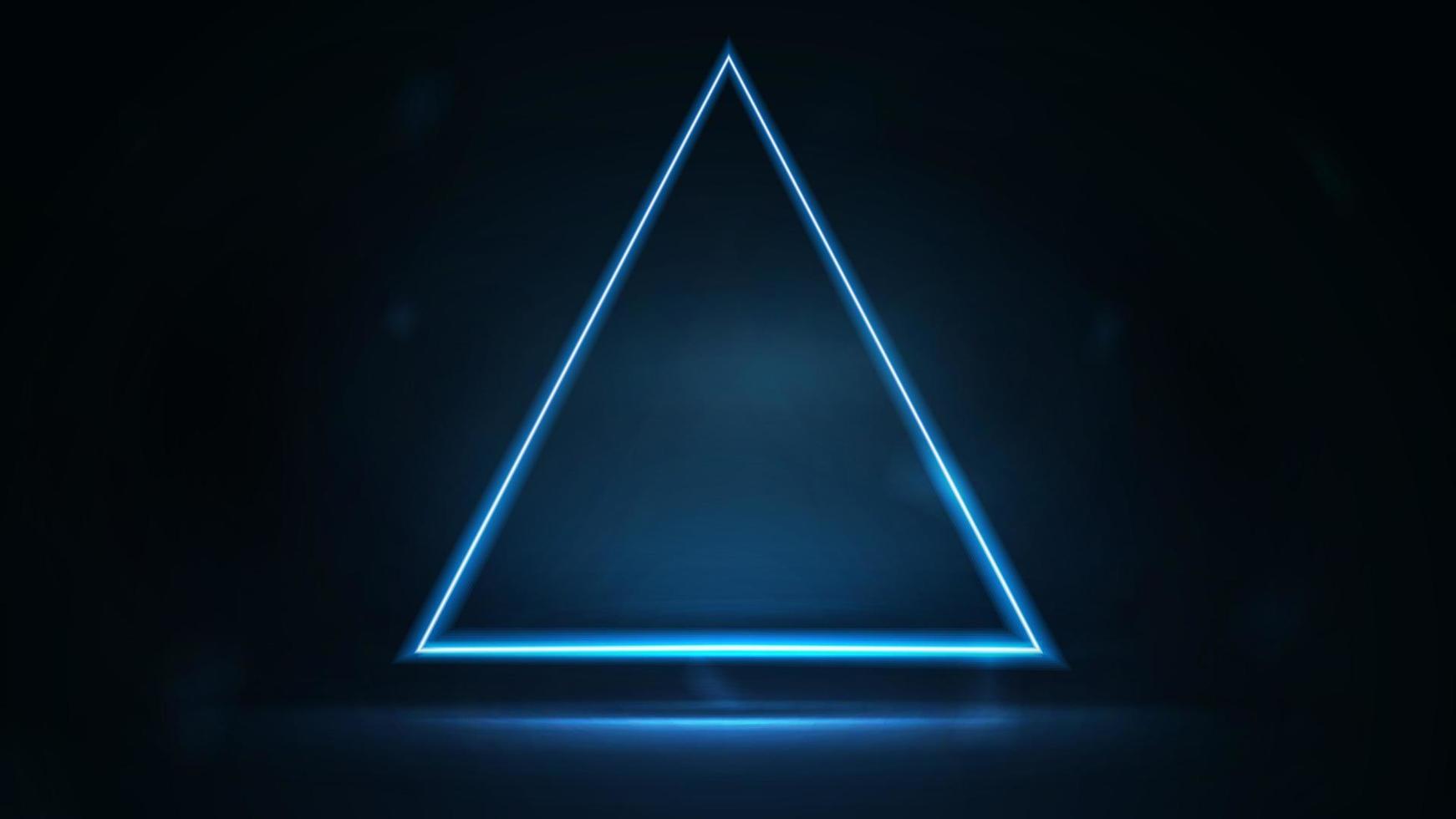 Neon triangular frame on dark background. Blue digital hologram neon triangle border with copy space in dark room. vector