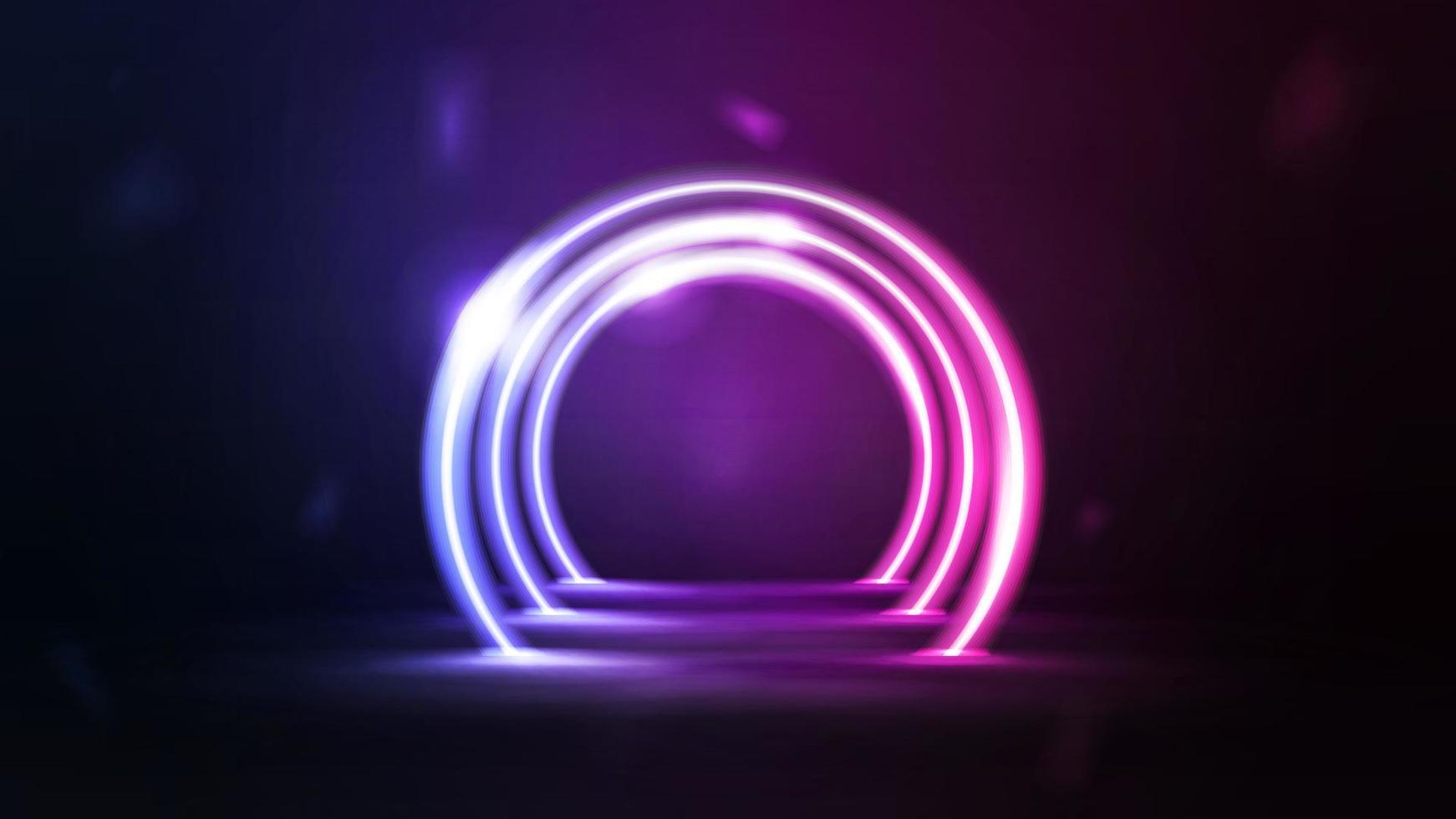 Tunnel of neon pink and blue round frames in dark scene vector
