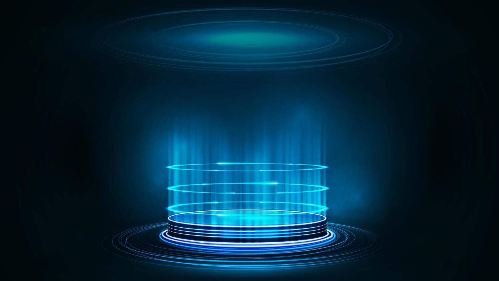 Empty blue digital hologram podium with particles and shiny rings in dark room. Dark and blue digital scene vector
