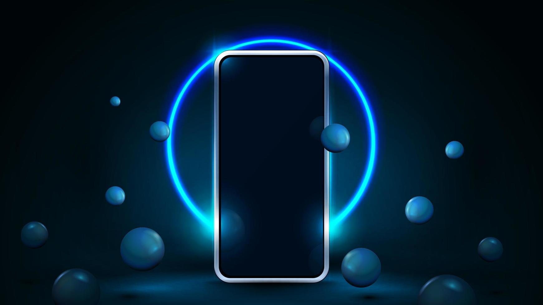 Smartphone mock up in blue scene with realistic bouncing spheres and neon ring on background. vector
